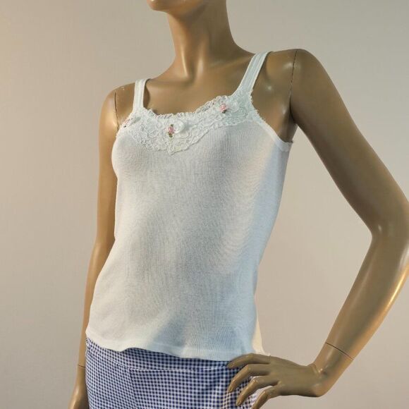 Vintage Cami Tank Top On Your Back By Jodi White Size S Lace Rosettes - Picture 2 of 9